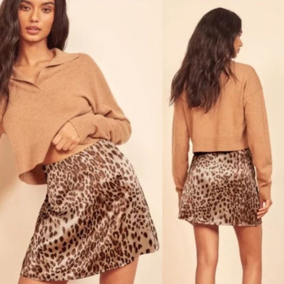 Reformation Benson Leopard Silk Mini Pencil Straight Skirt Brown Women's Size 2 - Picture 2 of 9